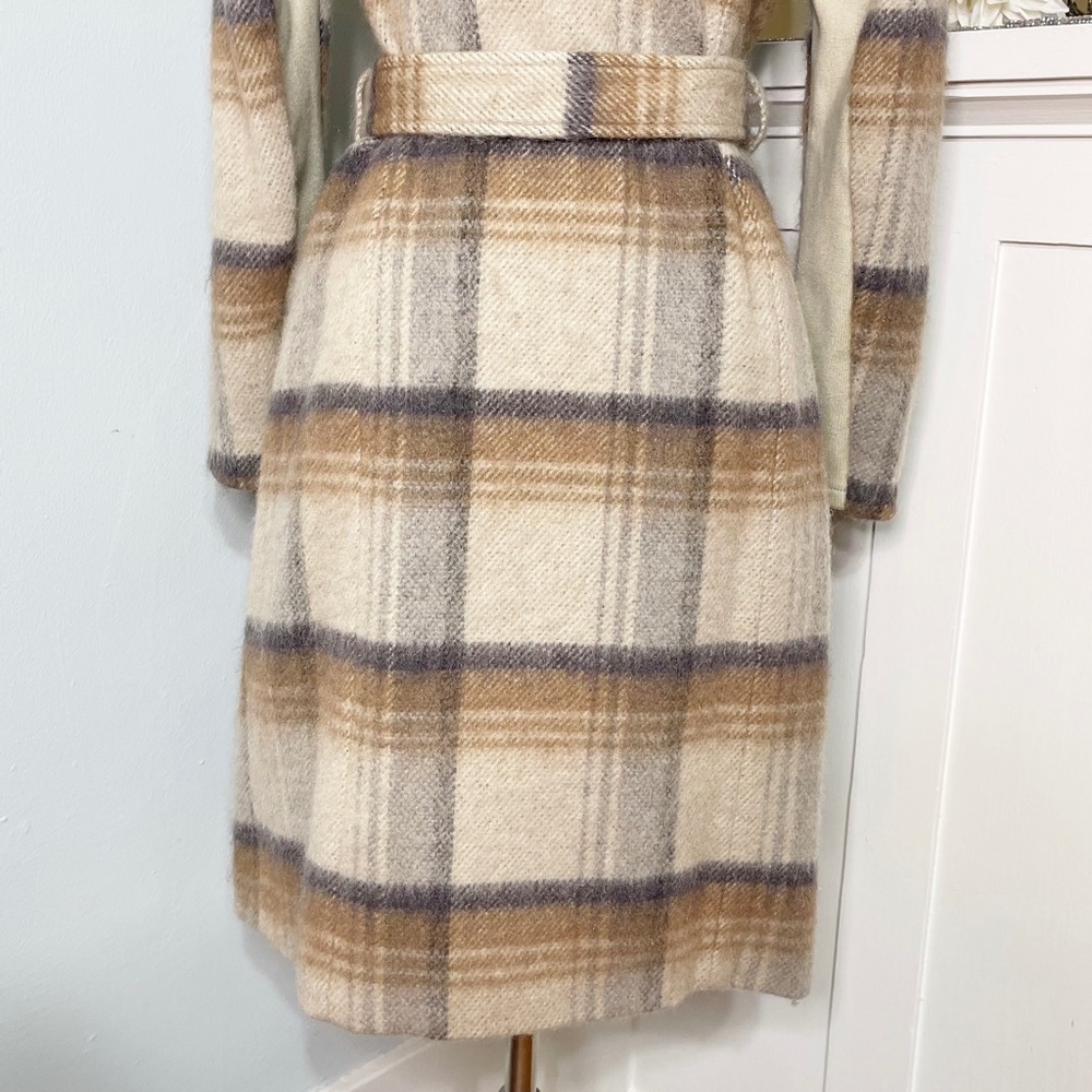 BCBGeneration Wool Belted Plaid Wrap Coat Tan Cream Winter Peacoat Small New - Picture 13 of 16